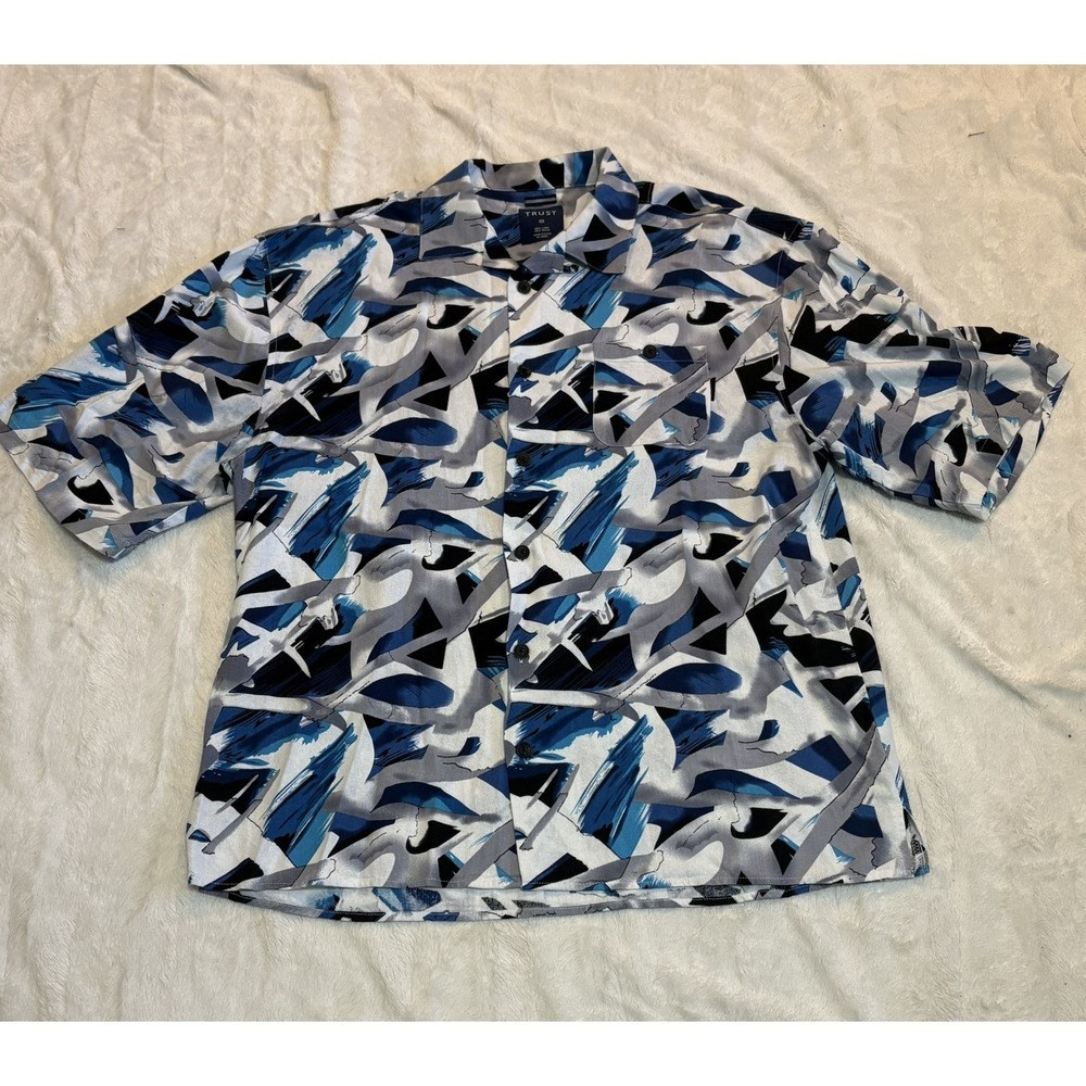 TRUST MENS SIZE 4XL  SHORT SLEEVE BUTTON DOWN SHIRT BLUE & WHITE ABSTRACT PRINT